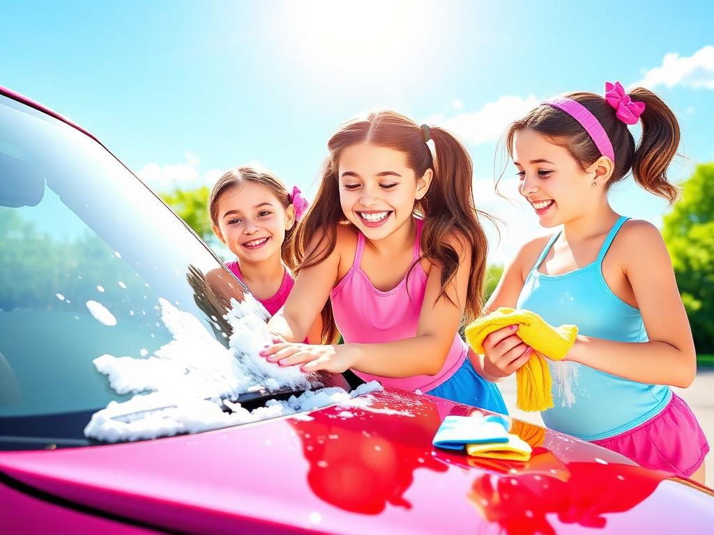 Three smiling RIZE teen players sudsing up a pink car in the sun at the July 3 car wash fundraiser