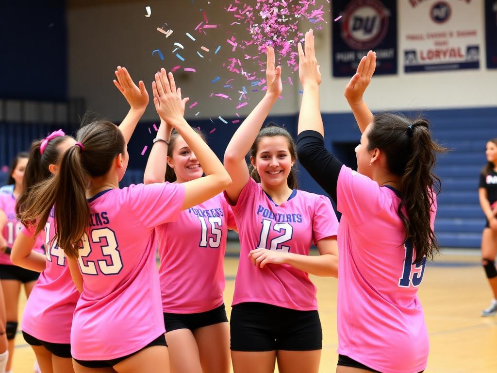 RIZE players in pink jerseys high-fiving under a shower of pink and blue confetti at the August NorCal season opener