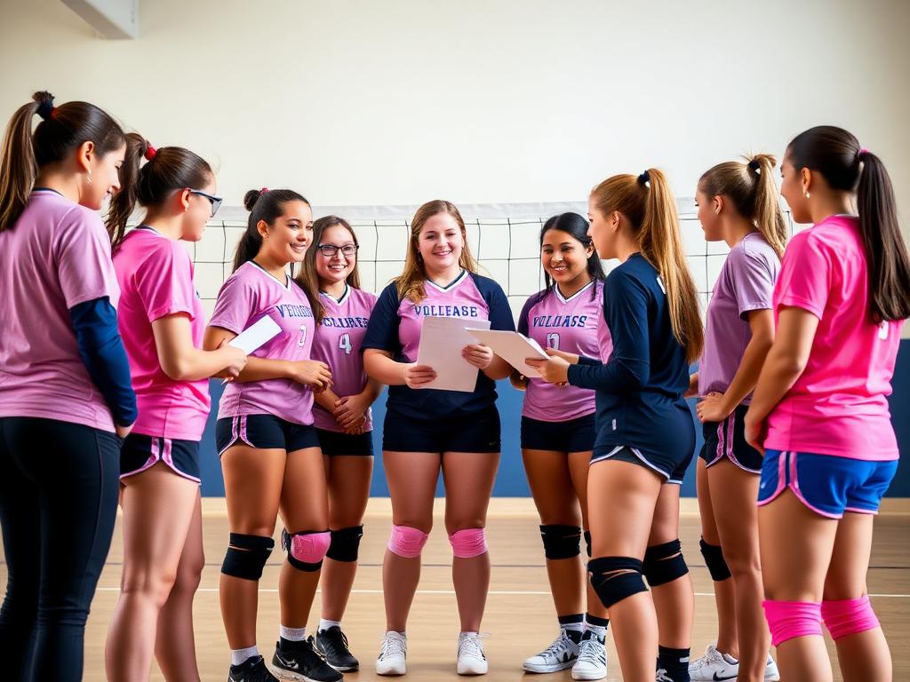 RIZE volleyball team in pink jerseys huddled around a coach with a clipboard at the August 8-9 season orientation