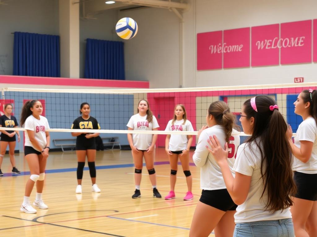 Middle school girls warming up on both sides of the net at the August 1-2 no-cut open tryouts at Fisher Middle School